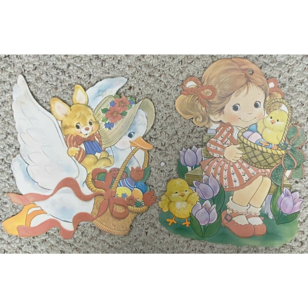 Lot of 2 Vintage Flocked Easter Decorations Bunny Chick Eggs Velvet Die Cuts
